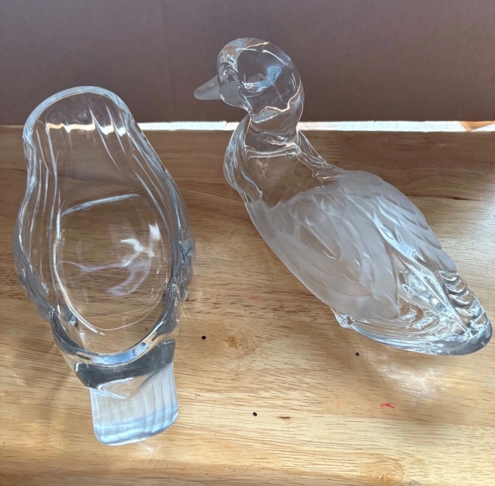Two-Piece Clear and Frosted Glass Duck Figurine Decorative